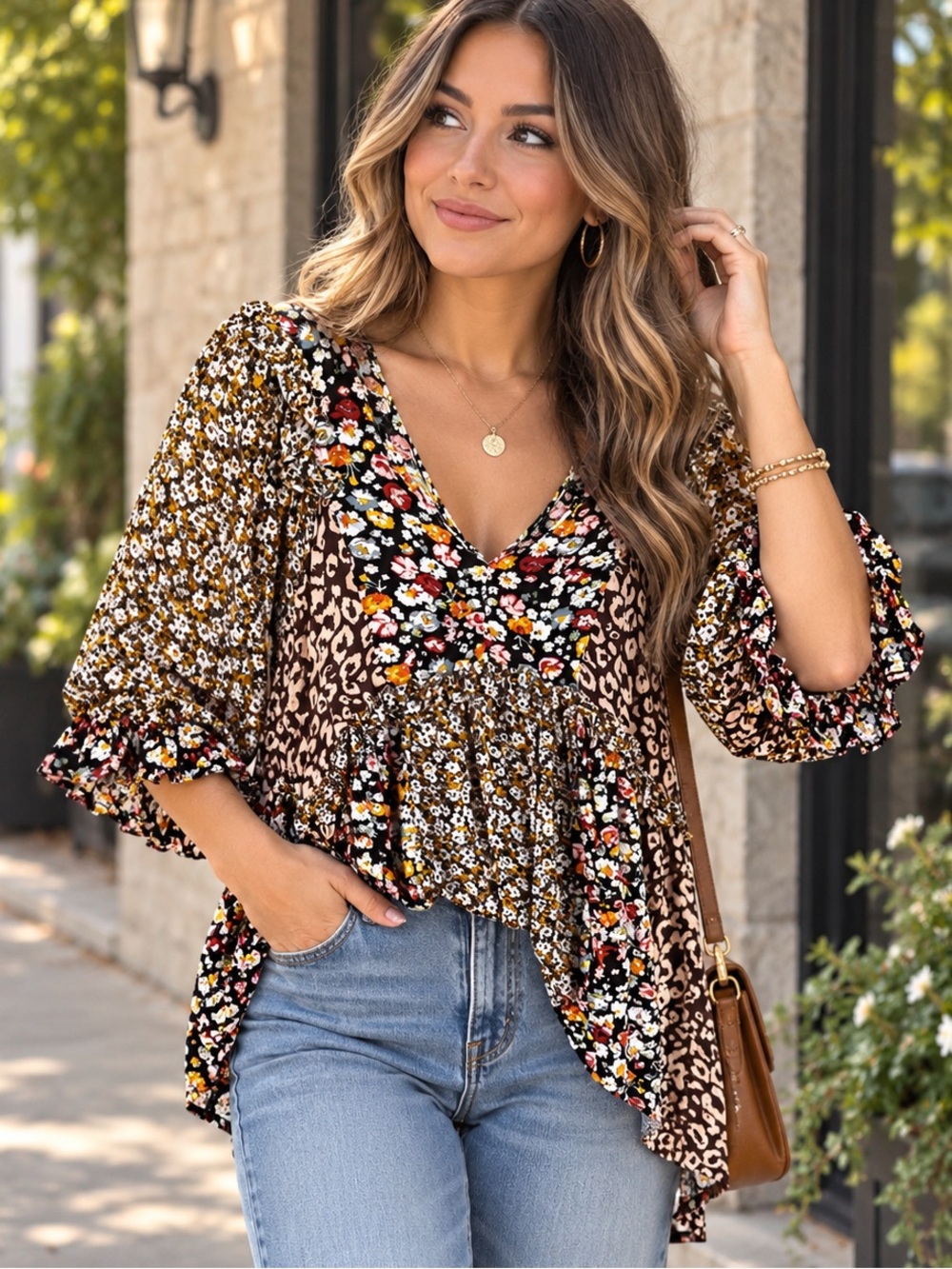 Mixed Floral & Leopard V-Neck Peasant Blouse - *Oversized will fit up to a Large